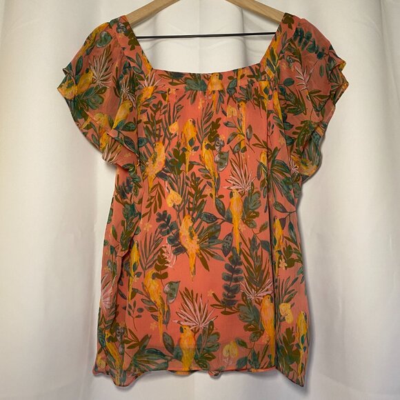 LC Lauren Conrad Womens L Tropical Hawaiian Bird Coral Chiffon Flutter Boho EUC - Picture 2 of 7